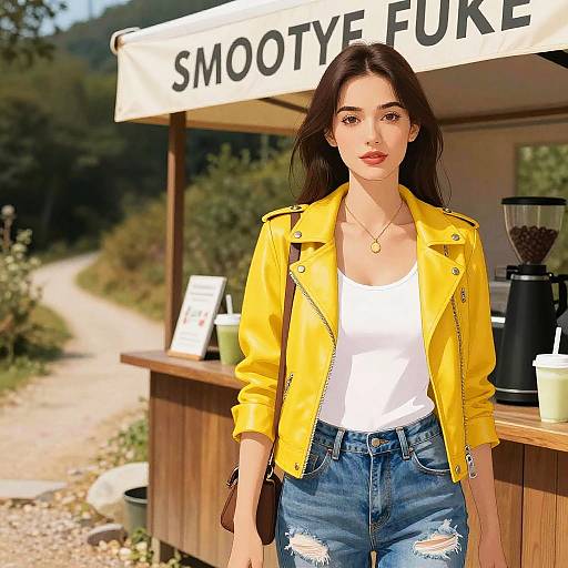 Photograph of a young woman with long dark hair, wearing a bright yellow leather jacket, white tank top, and distressed blue jeans, standing in front