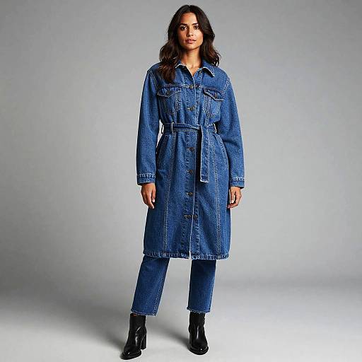 Photograph of a woman with long brown hair, wearing a blue denim long coat, matching jeans, and black ankle boots, standing against a plain gray