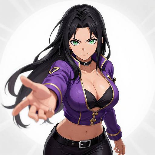 Digital anime-style drawing of a confident, green-eyed woman with long black hair, large breasts, wearing a purple jacket and black choker, extending her