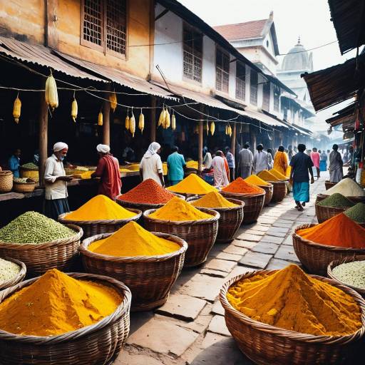 Spice Market with Vibrant Turmeric and Cardamom Baskets
