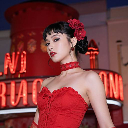 Photograph of a young Asian woman with dark hair in an updo, wearing red lace corset, choker, and flower hairpin, standing