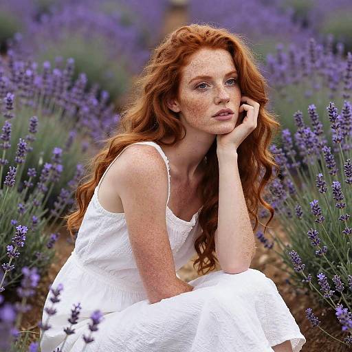 Photograph of a freckled, red-haired woman in a white dress, resting her chin on her hand, surrounded by blooming lavender.