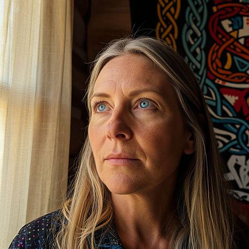 Photograph of a middle-aged woman with long blonde hair, blue eyes, and fair skin, gazing thoughtfully into sunlight, with a colorful Celtic