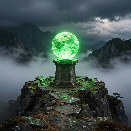 Glowing Green Orb on Misty Altar
