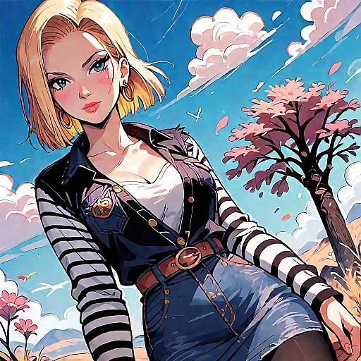 Anime Style Blonde Woman with Striped Sleeves Outdoors