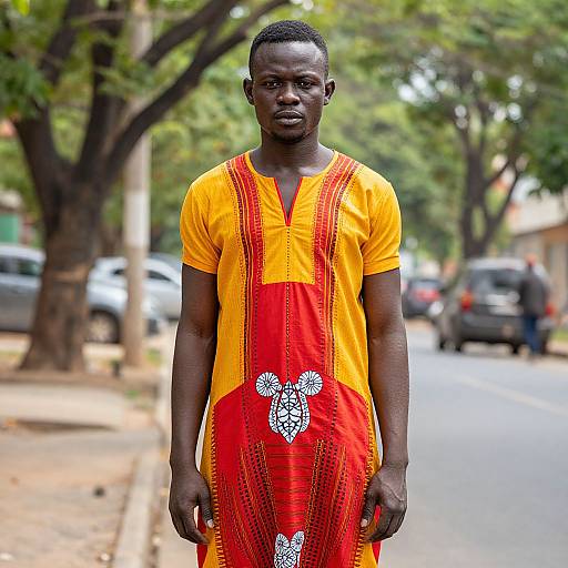 Man in Patterned Yellow-Red Dress