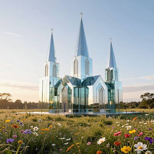 Photograph of a modern, glass-faced, Gothic-style church with three pointed spires, surrounded by a vibrant field of colorful wildflowers, under a