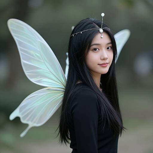 Photograph of an Asian woman with long black hair, wearing a black top, white fairy wings, and a jeweled headpiece, standing in a