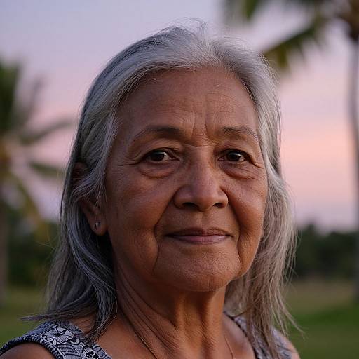 Photograph of an elderly woman with long, gray hair, smiling softly, wearing a patterned top, against a blurred sunset background.