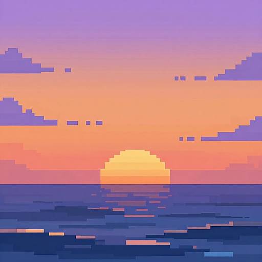 Pixel art sunset over ocean, vibrant orange and pink sky, yellow sun, blue and purple waves, stylized clouds, gradient colors.