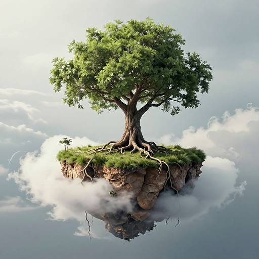 A floating, lush green tree with exposed roots on a grassy, cloud-covered island, reflected in calm, misty water. Digital art.