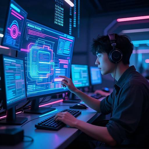 Photograph of an Asian male with curly black hair, wearing headphones, intensely focusing on vibrant, neon-blue and pink-lit computer screens in a dim