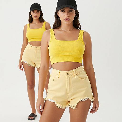 Photograph of two women with tanned skin, wearing yellow ribbed crop tops and frayed high-waisted shorts, black caps, and black