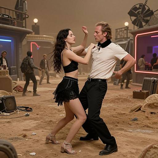 Photograph of a dancing couple in a gritty, industrial setting; woman in black crop top and skirt, man in white shirt and black pants, surrounded