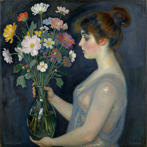 Painting of a fair-skinned woman with brown hair in a bun, wearing a sheer, sparkly dress, holding a glass vase of colorful flowers