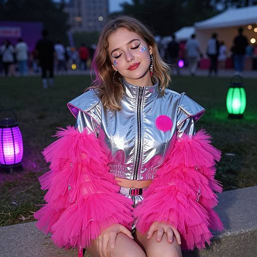 Photograph of a young woman with light skin, brown hair, and pink star-shaped face paint, wearing a silver metallic crop top and bright pink feather