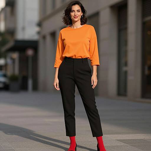 Photograph of a smiling woman with dark wavy hair, wearing an orange long-sleeve top, black high-waisted pants, and red