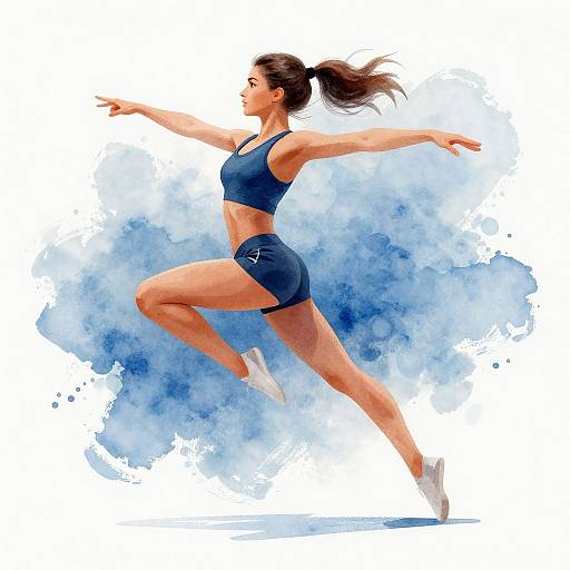 Digital illustration of a fit, brown-haired woman in a blue sports bra and shorts, mid-jump against a blue watercolor splash background.