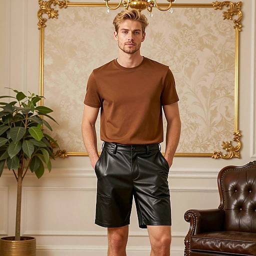 Young Man in Casual Leather Shorts Outfit