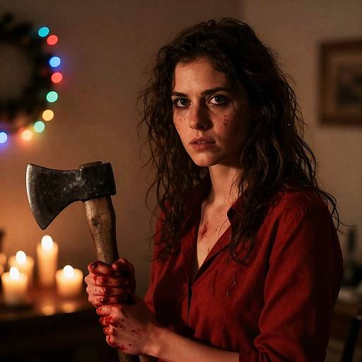 Woman Holding Bloody Axe in Dimly Lit Room