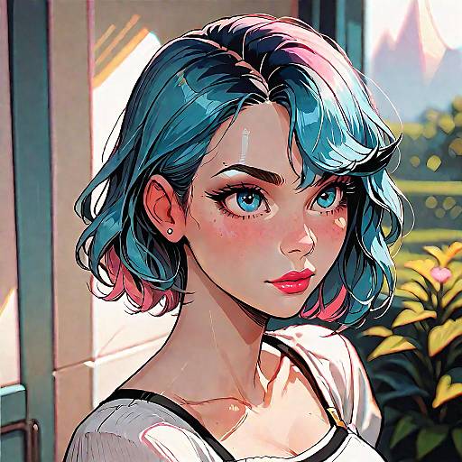 Digital anime-style portrait of a fair-skinned woman with bright blue and pink short hair, large blue eyes, red lipstick, white top, and fre