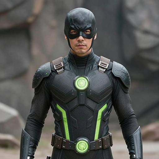 Photograph of a man in a black, high-tech superhero suit with green glowing circular emblems on chest and belt, wearing a black mask, standing