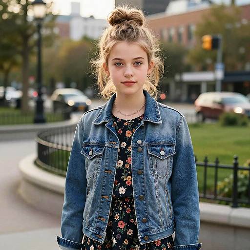 Photograph of a young girl with light brown hair in a bun, wearing a denim jacket and floral dress, standing on a city street with blurred cars