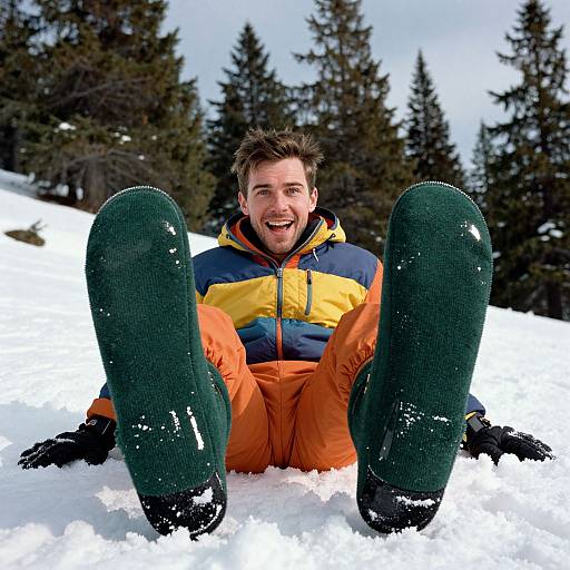 Photograph of a smiling man with brown hair, wearing a yellow and orange ski jacket, orange pants, and black gloves, sitting in snowy forest,