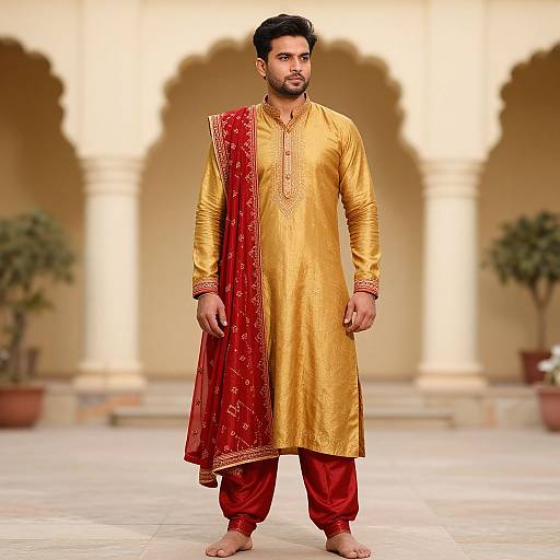 Photograph of a bearded South Asian man in a gold and red traditional Punjabi outfit, standing in a sunlit courtyard with arches and p