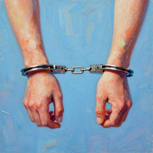 Photorealistic digital painting of two light-skinned hands with shackles, wrists bound, against a vibrant blue background.