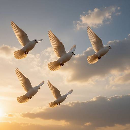 Elegant White Doves Soaring at Sunset