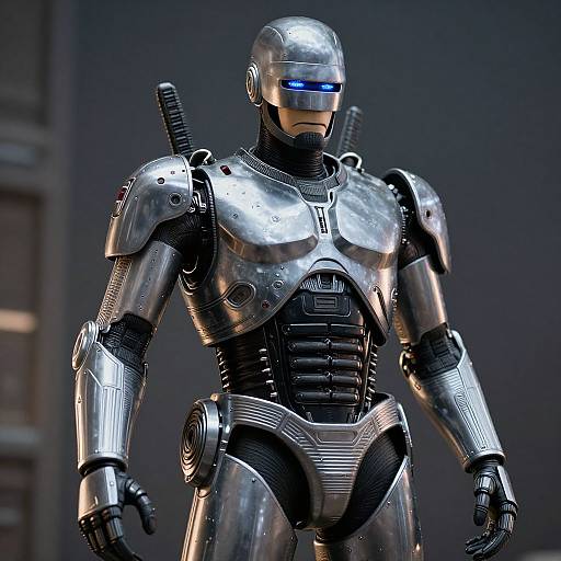 Photorealistic CGI of a silver robotic warrior with a blue visor, black chest panel, and shoulder-mounted weapon in a dimly lit industrial background