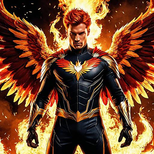 Man in Phoenix Superhero Costume with Fiery Wings