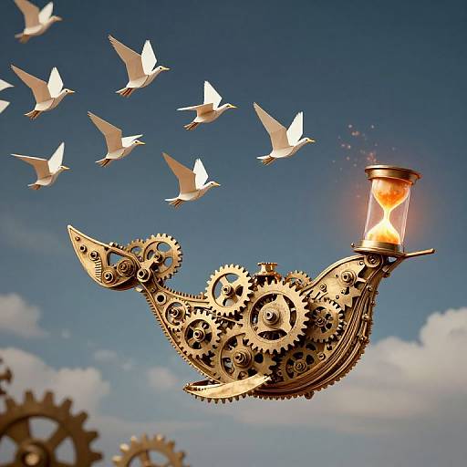 Steampunk-style golden gear bird with glowing hourglass, soaring blue sky, white birds in background, blurred gears in foreground.
