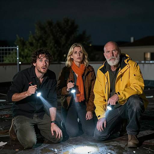 Group of Three People with Flashlights at Night