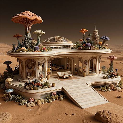 Fantastical desert oasis house with ornate architecture, colorful alien mushrooms, and exotic plants; illuminated at night, featuring a white staircase and lounge chairs