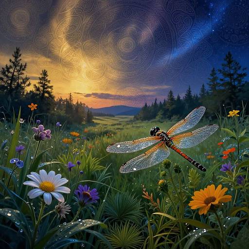Digital artwork: Vibrant sunset sky with swirling patterns, featuring a detailed, dew-covered dragonfly amidst colorful wildflowers in a lush, forested me