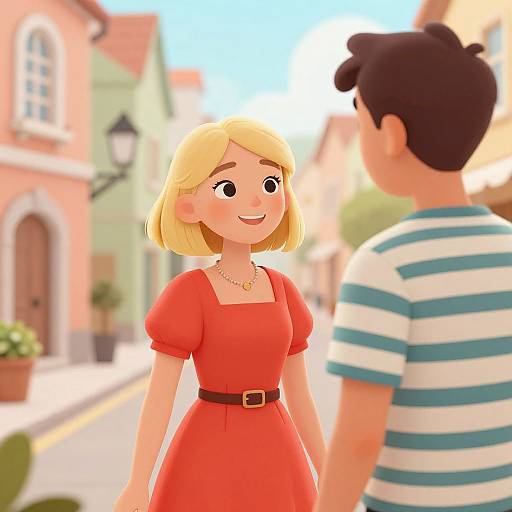 Digital illustration of a blonde woman in a red dress and brown belt, smiling at a boy in a striped shirt on a sunny, colorful street.