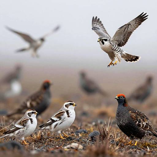 Photograph of a flock of small birds with black, white, and brown plumage, orange caps, and one bird in mid-flight. Background is