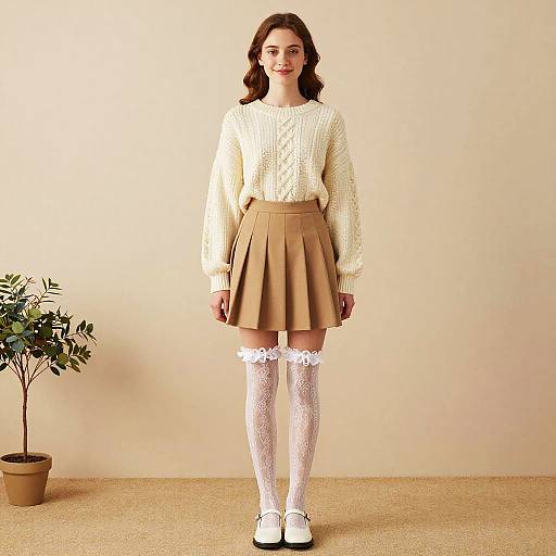 Photograph of a young woman with wavy brown hair, wearing a white knit sweater, beige pleated skirt, white lace-topped thigh-high stockings