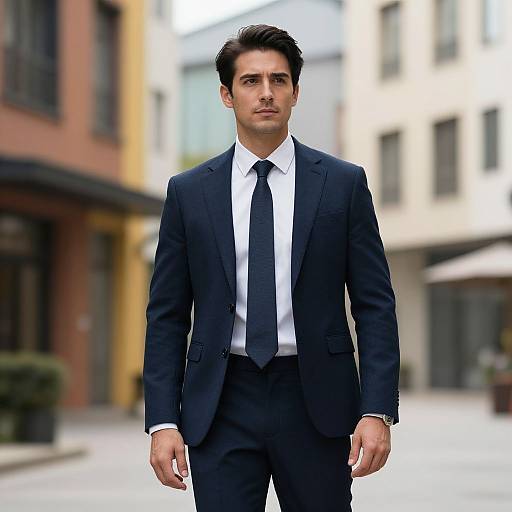 Photograph of a handsome, dark-haired man in a black suit, white shirt, and black tie, standing confidently in a blurred urban street.