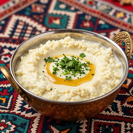 Photograph of creamy white mashed potato soup in an ornate bowl with a sunny-side-up egg and parsley garnish, on a vibrant, patterned