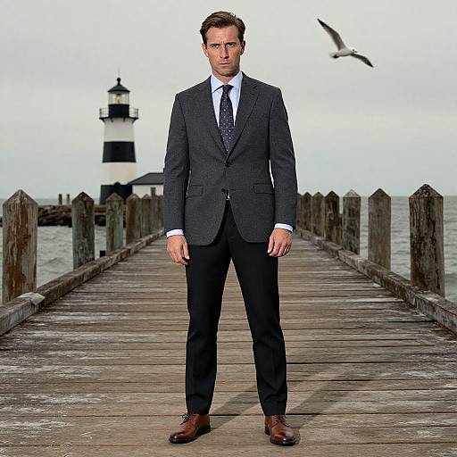 Photograph of a serious, suited man with short brown hair standing on a wooden pier, lighthouse in background, seagull flying.
