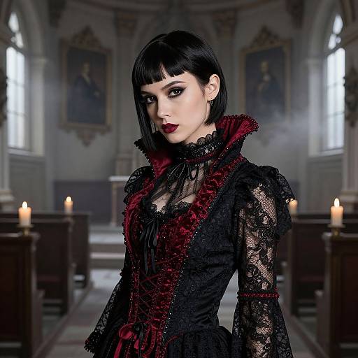 Gothic woman with black bob, red lipstick, lace and velvet gothic dress, standing in candlelit, ornate church. Digital art.