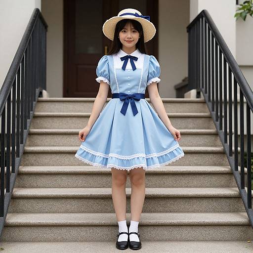 Woman in Dottie Costume on Stairs