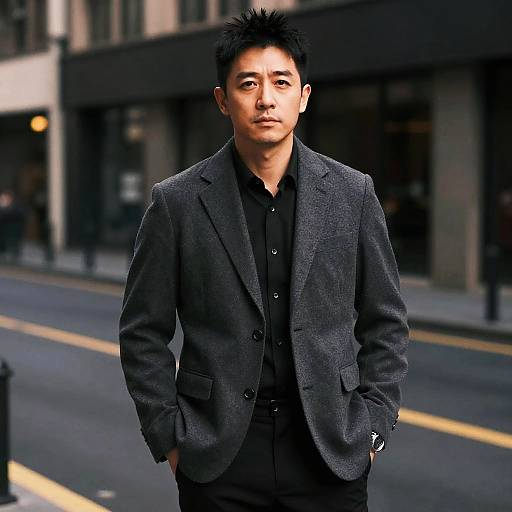 Photograph of an Asian man with short black hair, wearing a dark gray suit over a black shirt, standing confidently on a city street with blurred buildings