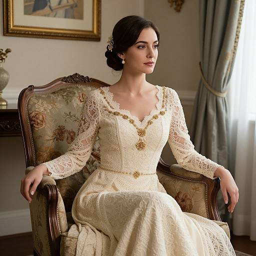Photograph of a fair-skinned woman with dark hair in an elegant, lace-trimmed, cream-colored wedding dress, sitting in an ornate