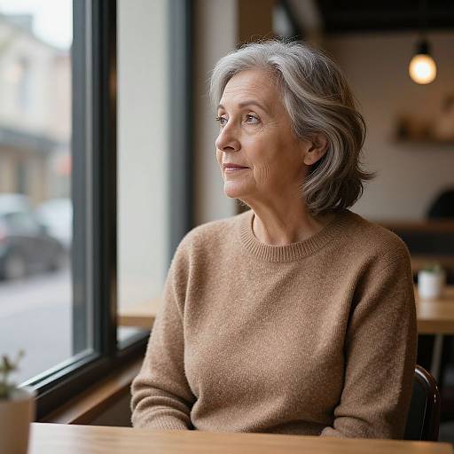 Photograph of an elderly woman with short gray hair, wearing a brown sweater, sitting by a window in a softly lit café.