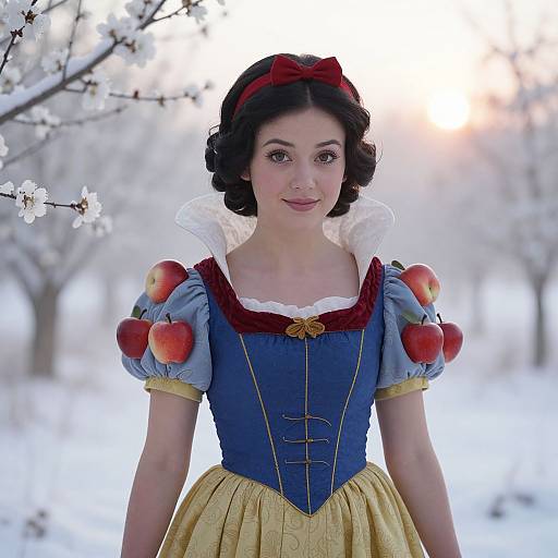 Photograph of a fair-skinned woman in a Snow White costume with apples on her puffed sleeves, standing in a snowy, blossoming orchard