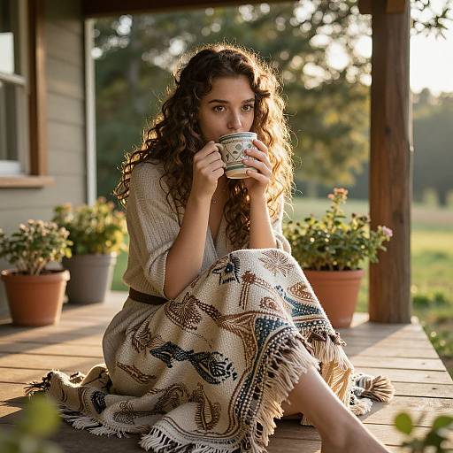 Photograph of a curly-haired woman in a bohemian dress, sitting on a wooden porch, sipping from a patterned mug, surrounded by